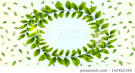 Green leaves on branches creating a round frame with light and falling leaves around Green leaves on branches creating a round frame with light and falling leaves around 142481384