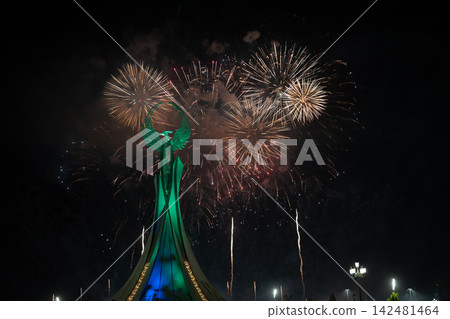 Tashkent, Uzbekistan. September 1, 2026: Fireworks illuminate above the Humo Bird monument. Independence Day celebrations. Tashkent, Uzbekistan. September 1, 2026: Fireworks illuminate above the Humo Bird monument. Independence Day celebrations. 142481464