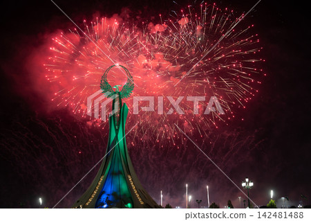 Tashkent, Uzbekistan. September 1, 2026: Fireworks illuminate above the Humo Bird monument. Independence Day celebrations. Tashkent, Uzbekistan. September 1, 2026: Fireworks illuminate above the Humo Bird monument. Independence Day celebrations. 142481488