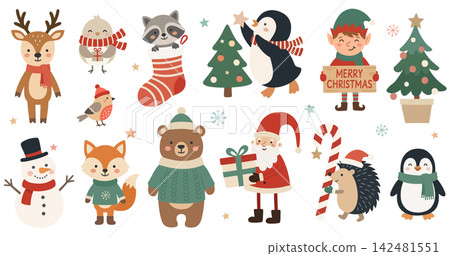 Christmas vector clipart set with cute winter animals, Santa, elf, snowman and tree isolated on white Christmas vector clipart set with cute winter animals, Santa, elf, snowman and tree isolated on white 142481551
