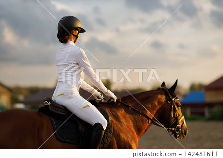 Woman rider jockey in helmet and white uniform preparing horse racing. 142481611
