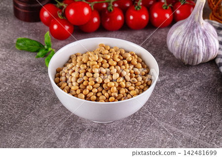 Dry soybeans in white bowl with fresh cherry tomatoes and garlic on grey background Dry soybeans in white bowl with fresh cherry tomatoes and garlic on grey background 142481699