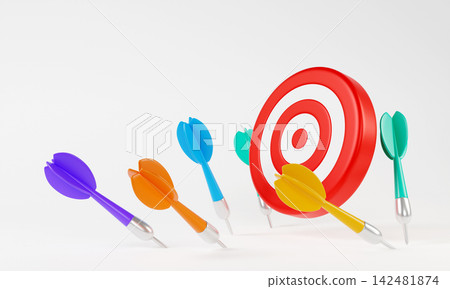 Several colorful darts arrows missed hitting red target mark. Goal Inaccurate, Fail archery. The concept of business failure, the strategy of mistakes and loss opportunity. 3d render 142481874