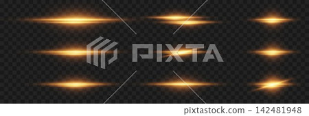 Golden light effects creating horizontal lines and flares on transparent background Golden light effects creating horizontal lines and flares on transparent background 142481948