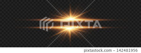 Golden glowing horizontal light beams with lens flare effects creating an abstract design Golden glowing horizontal light beams with lens flare effects creating an abstract design 142481956