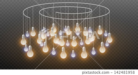 Hanging light bulbs creating a modern decorative spiral chandelier on a transparent background 142481958
