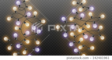 Colorful string light bulbs creating a decorative border for celebration and party designs Colorful string light bulbs creating a decorative border for celebration and party designs 142481961