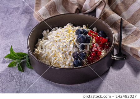 Cottage cheese with fresh blueberries, red currants and mint in a bowl Cottage cheese with fresh blueberries, red currants and mint in a bowl 142482027