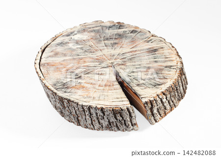 Wood log slice with cut out section resembling pie chart on white background Wood log slice with cut out section resembling pie chart on white background 142482088