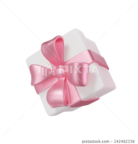 3D white Gift Box with a pink Bow and ribbon. Floating Present for Holiday, Birthday, Weddings, Valentine's day or Christmas. 3D render isolated on transparent background 3D white Gift Box with a pink Bow and ribbon. Floating Present for Holiday, Birthday, Weddings, Valentine's day or Christmas. 3D render isolated on transparent background 142482156
