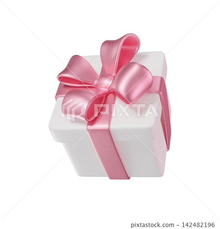 3D white Gift Box with a pink Bow and ribbon. Floating Present for Holiday, Birthday, Weddings, Valentine's day or Christmas. 3D render isolated on transparent background 3D white Gift Box with a pink Bow and ribbon. Floating Present for Holiday, Birthday, Weddings, Valentine's day or Christmas. 3D render isolated on transparent background 142482196