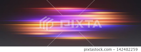 Horizontal lines of colorful light streaks illuminate a dark background, showing fast motion Horizontal lines of colorful light streaks illuminate a dark background, showing fast motion 142482259