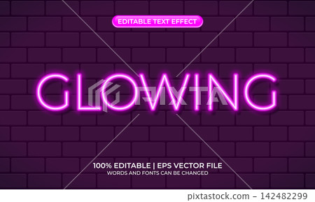 Glowing neon text effect. Glowing editable text style effect. Text effect on the brick wall background. Text glows in the dark Glowing neon text effect. Glowing editable text style effect. Text effect on the brick wall background. Text glows in the dark 142482299