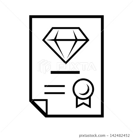 Gold and diamond certificate. Stylized illustration line icon. Image for jewelry shop. 142482452