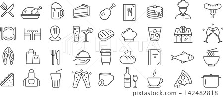 一組與餐飲相關的單色線條藝術圖標，採用向量圖創建。 142482818