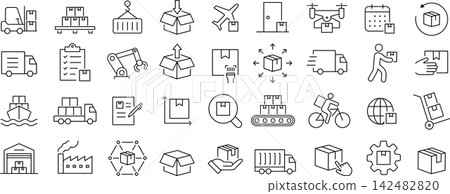 Vector monochrome logistics line icon set Vector monochrome logistics line icon set 142482820