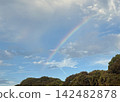 A rainbow appears between the blue sky and the clouds. 142482878