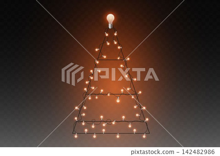 Light bulbs and wire forming an abstract christmas tree with a glowing top bulb on a dark background Light bulbs and wire forming an abstract christmas tree with a glowing top bulb on a dark background 142482986