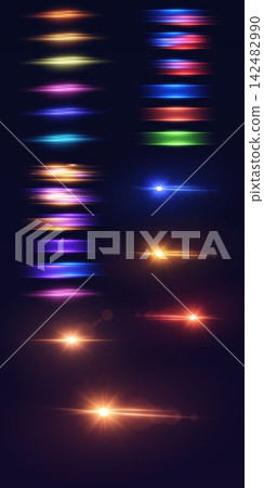 Collection of vibrant lens flares and horizontal light streaks on a dark background Collection of vibrant lens flares and horizontal light streaks on a dark background 142482990