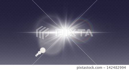 Bright light creating a sunburst effect with lens flare elements on dark background Bright light creating a sunburst effect with lens flare elements on dark background 142482994
