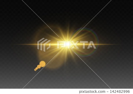 Bright yellow starburst light effect radiating with optical flares and bokeh on transparent background Bright yellow starburst light effect radiating with optical flares and bokeh on transparent background 142482996