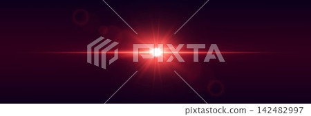 Bright red light generating a strong lens flare effect and glowing beam on a dark backdrop Bright red light generating a strong lens flare effect and glowing beam on a dark backdrop 142482997