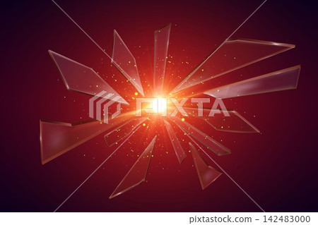 Glass shards flying outwards from a central explosion with glowing particles on red Glass shards flying outwards from a central explosion with glowing particles on red 142483000