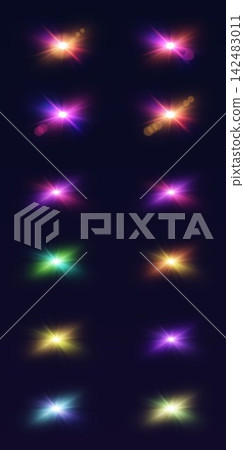 Set of colorful glowing lens flares creating abstract light elements for design Set of colorful glowing lens flares creating abstract light elements for design 142483011