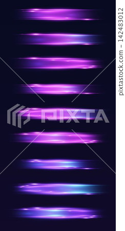 Multiple horizontal purple and pink glowing light streaks creating a dynamic motion effect Multiple horizontal purple and pink glowing light streaks creating a dynamic motion effect 142483012
