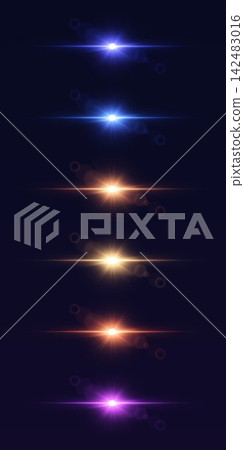 Six bright light flares with starburst and circular optical effects against a dark backdrop Six bright light flares with starburst and circular optical effects against a dark backdrop 142483016