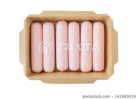 Poultry sausages in cardboard eco-friendly packaging isolated on white background. Dietary meat products on sale. Fast food. Top view. Poultry sausages in cardboard eco-friendly packaging isolated on white background. Dietary meat products on sale. Fast food. Top view. 142483019
