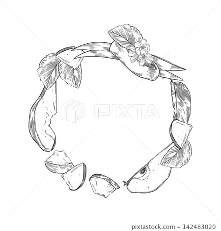 A wreath of pears, slices and pieces of fruit with leaves and flowers. Vector illustration with space for text. Illustration for menu, packaging, harvesting and autumn decoration. Vector illustration A wreath of pears, slices and pieces of fruit with leaves and flowers. Vector illustration with space for text. Illustration for menu, packaging, harvesting and autumn decoration. Vector illustration 142483020