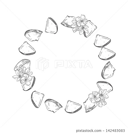 A wreath of pear pieces and blossoming fruit tree flowers. All objects are hand-drawn in ink. Round frame for greeting card design, menu, packaging and harvest concept. Vector illustration A wreath of pear pieces and blossoming fruit tree flowers. All objects are hand-drawn in ink. Round frame for greeting card design, menu, packaging and harvest concept. Vector illustration 142483083