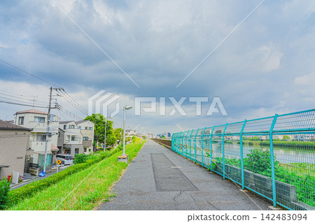 The sidewalk along the Shin-Nakagawa River in a residential area The sidewalk along the Shin-Nakagawa River in a residential area 142483094