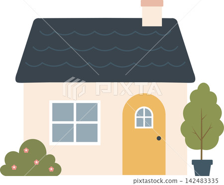 Cute cartoon house, minimalist scandinavian cottage Cute cartoon house, minimalist scandinavian cottage 142483335