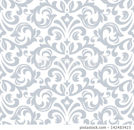 Wallpaper in the style of Baroque. White and gray floral ornament. Seamless vector background. Graphic pattern for fabric, wallpaper, packaging. Ornate Damask flower illustration Wallpaper in the style of Baroque. White and gray floral ornament. Seamless vector background. Graphic pattern for fabric, wallpaper, packaging. Ornate Damask flower illustration 142483423