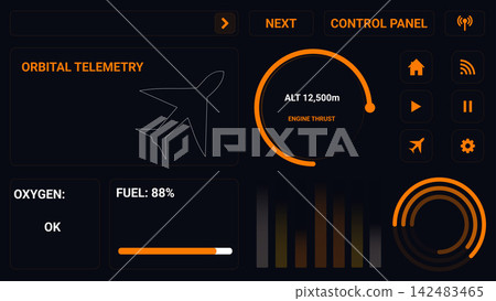 Dark sci-fi HUD aviation UI elements kit with orbital telemetry airplane dashboard and neon orange space control panel 142483465