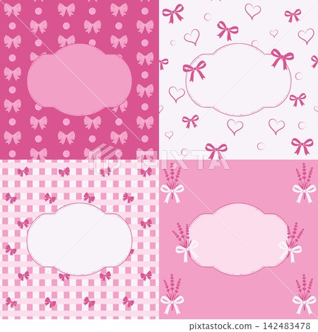 Set of four cute pastel pink foliage and ribbon border cards with empty text boxes. 142483478
