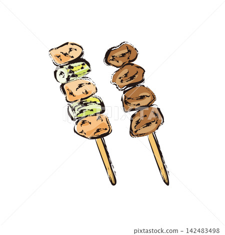 Yakitori (grilled chicken skewers): chicken and green onion skewers, chicken hearts skewers Yakitori (grilled chicken skewers): chicken and green onion skewers, chicken hearts skewers 142483498