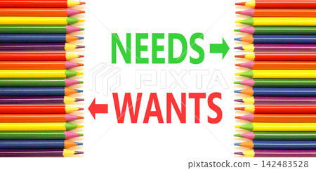 Needs instead wants words symbol. Concept words Needs Wants on beautiful white paper. Beautiful white background. Colored pencils. Business psychology needs or wants concept. Copy space. Needs instead wants words symbol. Concept words Needs Wants on beautiful white paper. Beautiful white background. Colored pencils. Business psychology needs or wants concept. Copy space. 142483528