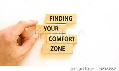 Finding your comfort zone words symbol. Concept words Finding your comfort zone on beautiful wooden blocks. Beautiful white background. Psychological finding your comfort zone concept. Copy space. Finding your comfort zone words symbol. Concept words Finding your comfort zone on beautiful wooden blocks. Beautiful white background. Psychological finding your comfort zone concept. Copy space. 142483592