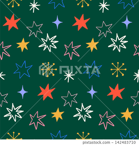 Seamless Christmas stars and snowflakes pattern with colorful hand drawn retro shapes. Playful Seamless Christmas stars and snowflakes pattern with colorful hand drawn retro shapes. Playful 142483710