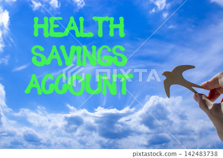 Health saving account symbol. Concept words Health saving account on beautiful blue sky. Beautiful blue sky background. Wooden bird. Businessman hand. Medical Health saving account concept. Copy space Health saving account symbol. Concept words Health saving account on beautiful blue sky. Beautiful blue sky background. Wooden bird. Businessman hand. Medical Health saving account concept. Copy space 142483738