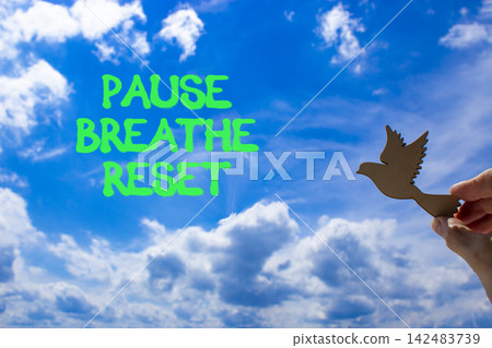 Pause breathe reset words symbol. Concept words Pause breathe reset on beautiful blue sky. Beautiful blue sky background. Business support motivational and pause breathe reset concept. Copy space. Pause breathe reset words symbol. Concept words Pause breathe reset on beautiful blue sky. Beautiful blue sky background. Business support motivational and pause breathe reset concept. Copy space. 142483739