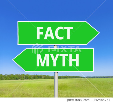 Fact or myth words symbol. Concept words Myth and Fact on beautiful green road sign. Beautiful blue sky background. Business and fact or myth concept. Copy space. 142483767