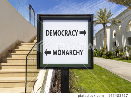 Democracy or monarchy words symbol. Concept words Democracy Monarchy on beautiful white road sign. Beautiful palm trees background. Business democracy monarchy concept. Copy space 142483817