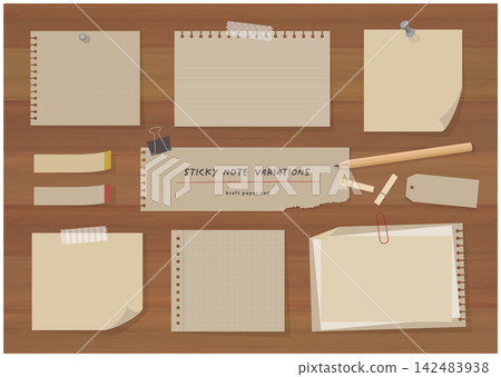 A set of kraft paper sticky notes and memo paper (blank space/copy space) arranged on a wooden desk. 142483938