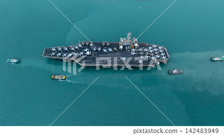 Aerial view nuclear powered aircraft carrier, USA navy ship carrier airplane fighter jet aircraft army navy nuclear ship carrier full fighter jet aircraft technology of battleship. 142483949