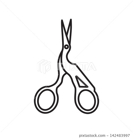 Detailed line art icon of vintage stork-shaped scissors used for embroidery and fine thread cutting. Detailed line art icon of vintage stork-shaped scissors used for embroidery and fine thread cutting. 142483997