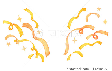A watercolor illustration of ribbons and confetti flying out of a cracker. A watercolor illustration of ribbons and confetti flying out of a cracker. 142484070